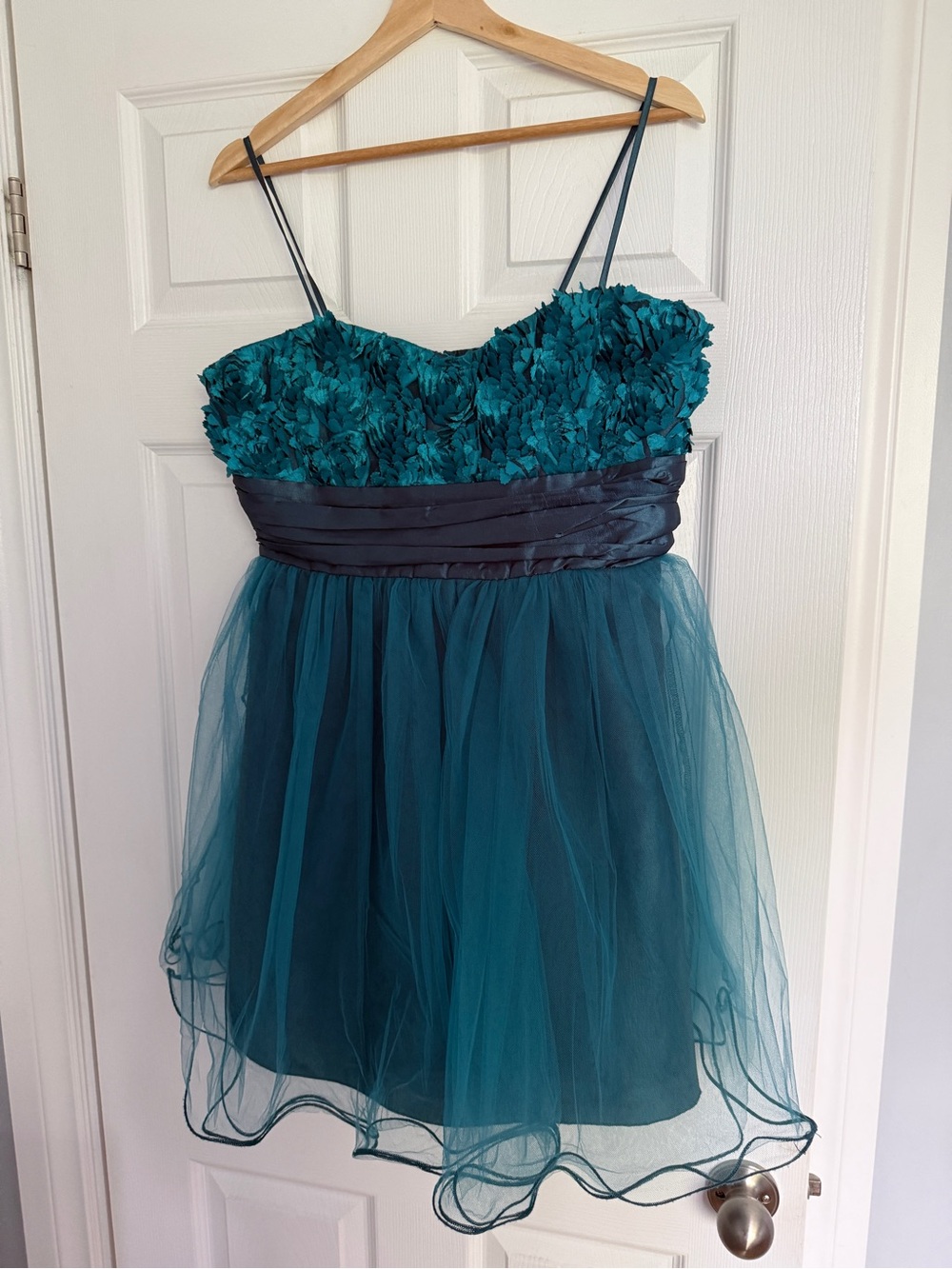 Grace Teal Floral Appliqué Mini Dress with Tulle Skirt